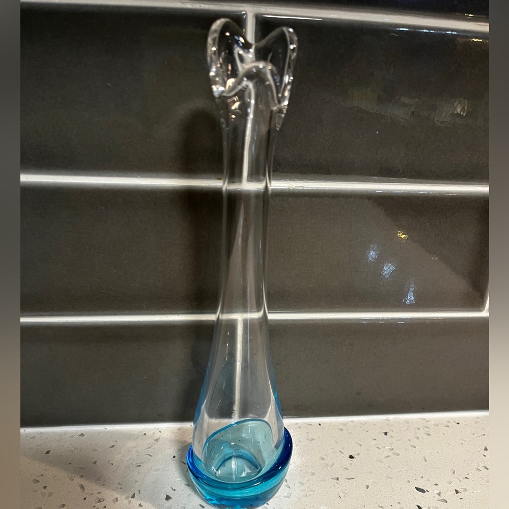 Vintage MCM Mini Clear Swung Vase Bottom Cased/Dipped Aqua Blue 8" EUC!